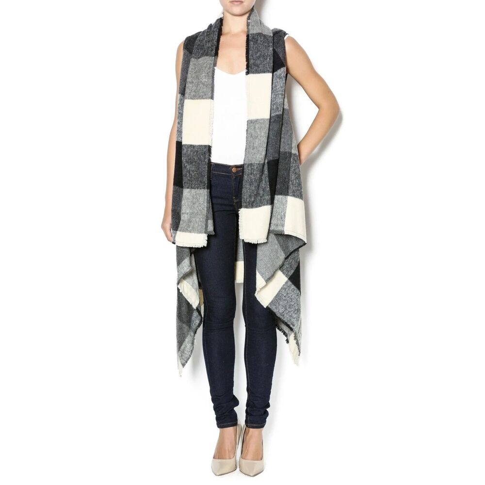 C Luce Buffalo Plaid Wool Blanket Shawl Collar Open Front Waterfall Scarf Vest